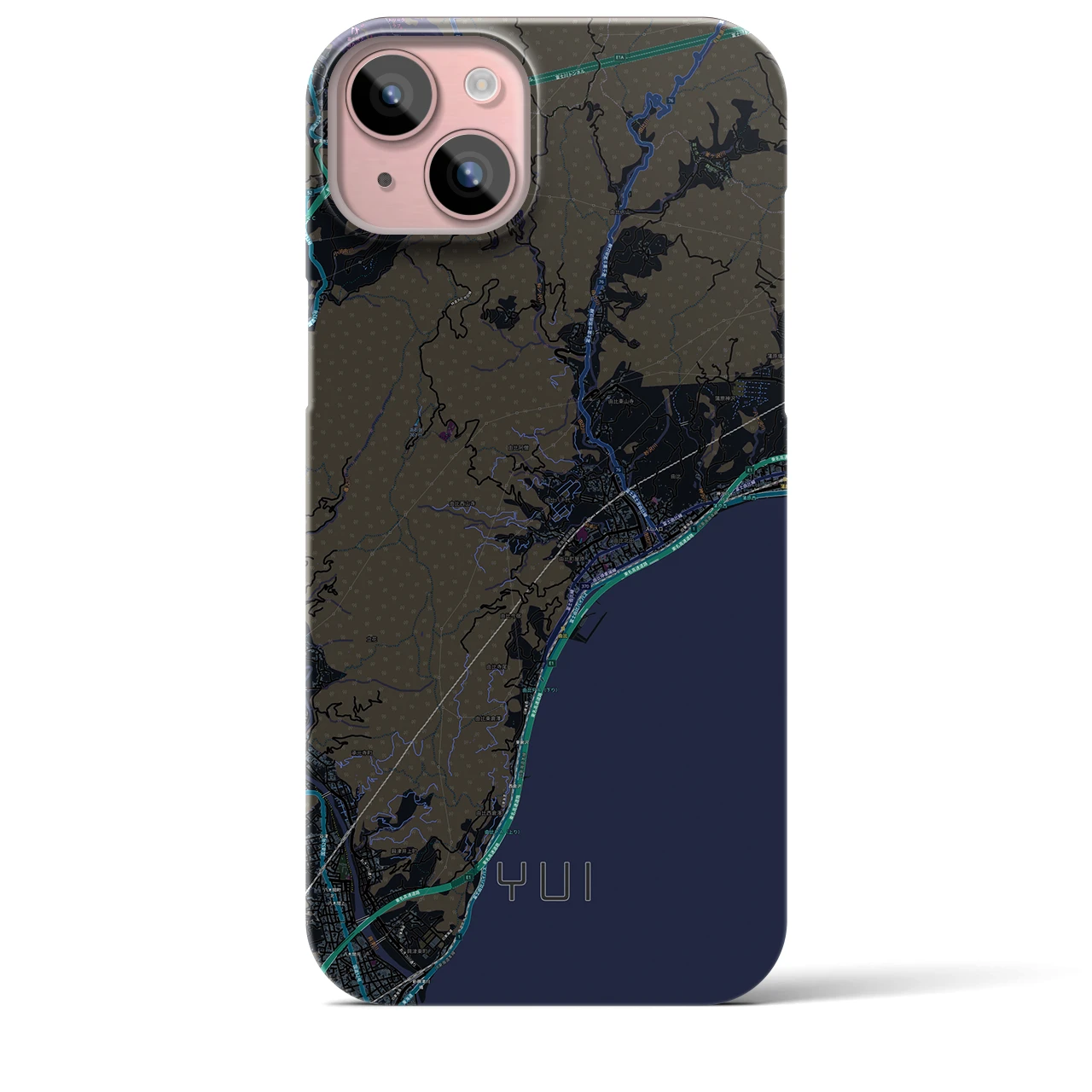 【由比（静岡県）】地図柄iPhoneケース（バックカバータイプ）ブラック・iPhone 15 Plus 用