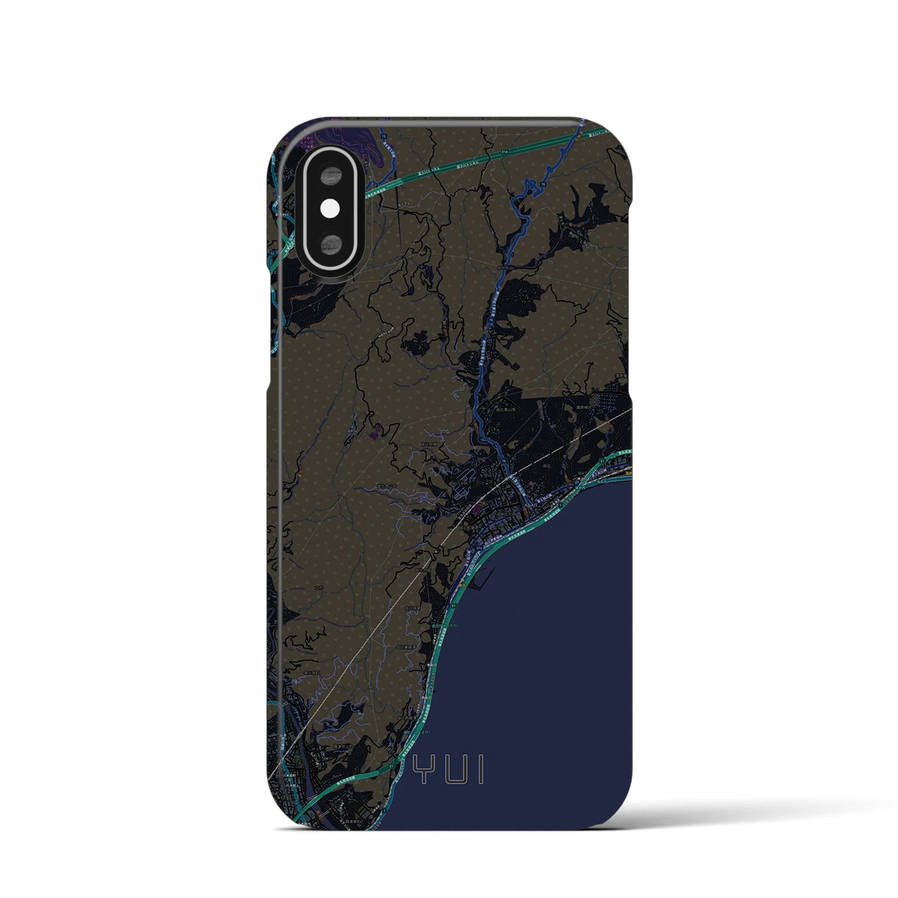 【由比（静岡県）】地図柄iPhoneケース（バックカバータイプ）ブラック・iPhone XS / X 用