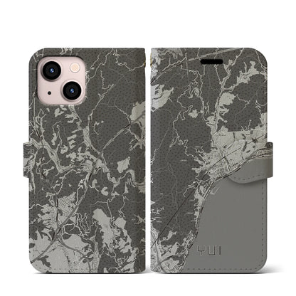 【由比（静岡県）】地図柄iPhoneケース（手帳タイプ）モノトーン・iPhone 13 mini 用