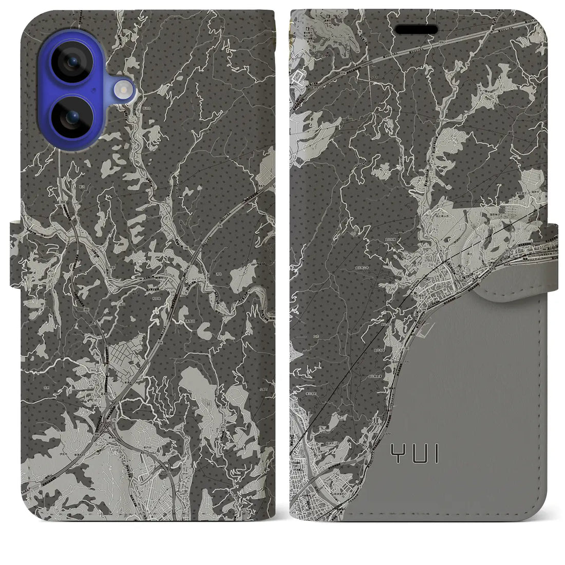 【由比(静岡県)】地図柄iPhoneケース(手帳タイプ)モノトーン・iPhone 16 Pro Max 用