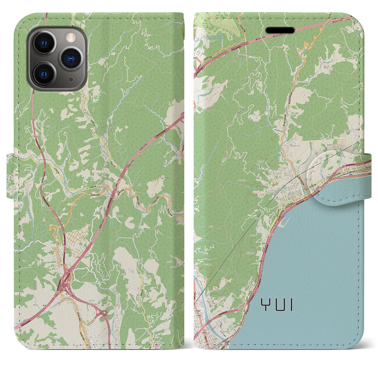 【由比（静岡県）】地図柄iPhoneケース（手帳タイプ）ナチュラル・iPhone 11 Pro Max 用