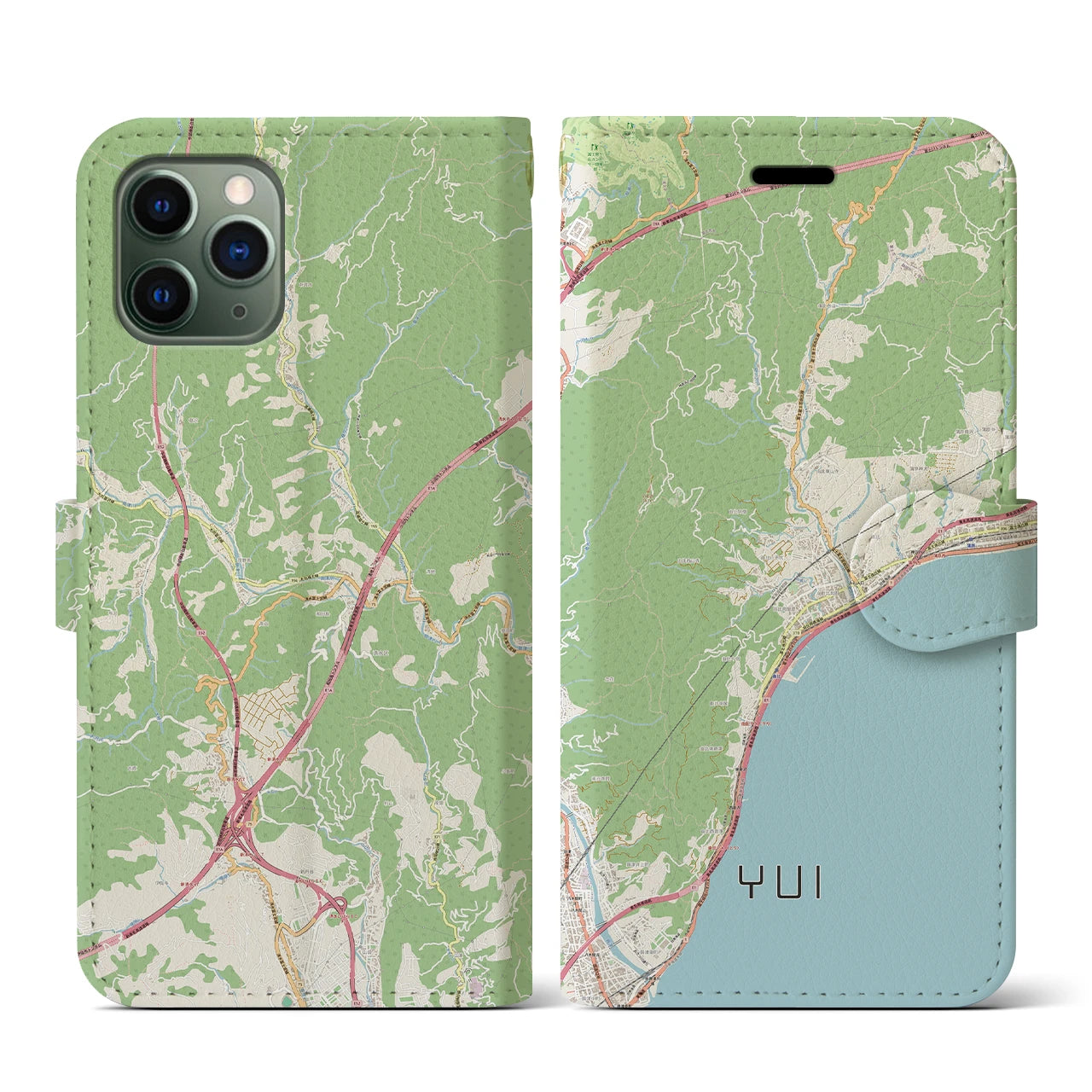 【由比（静岡県）】地図柄iPhoneケース（手帳タイプ）ナチュラル・iPhone 11 Pro 用