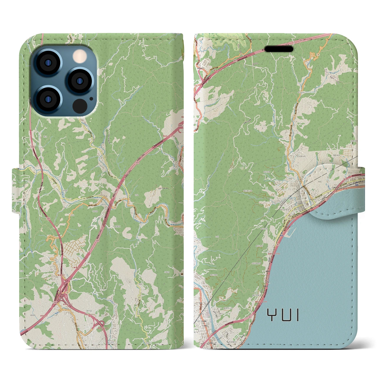 【由比（静岡県）】地図柄iPhoneケース（手帳タイプ）ナチュラル・iPhone 12 / 12 Pro 用