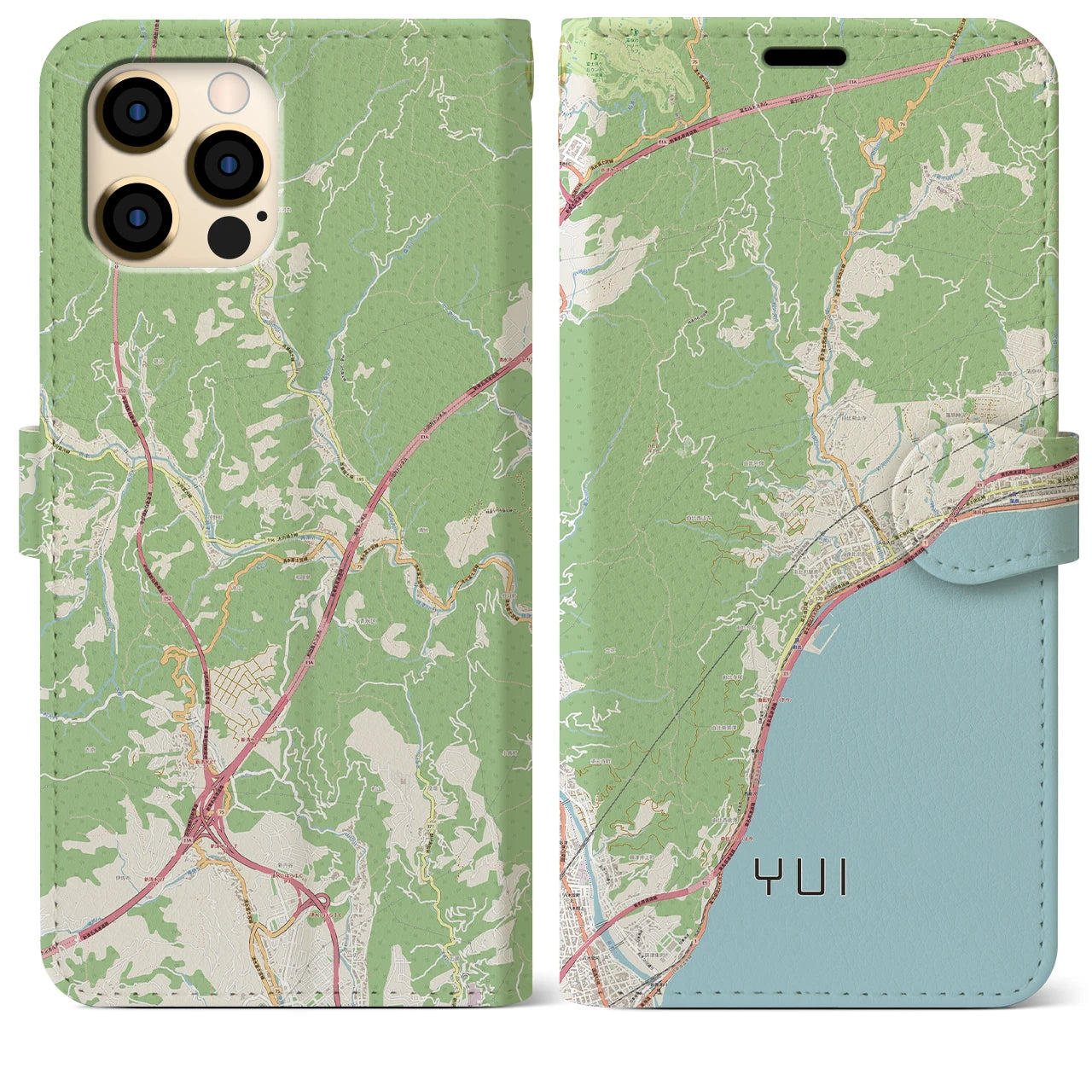 【由比（静岡県）】地図柄iPhoneケース（手帳タイプ）ナチュラル・iPhone 12 Pro Max 用