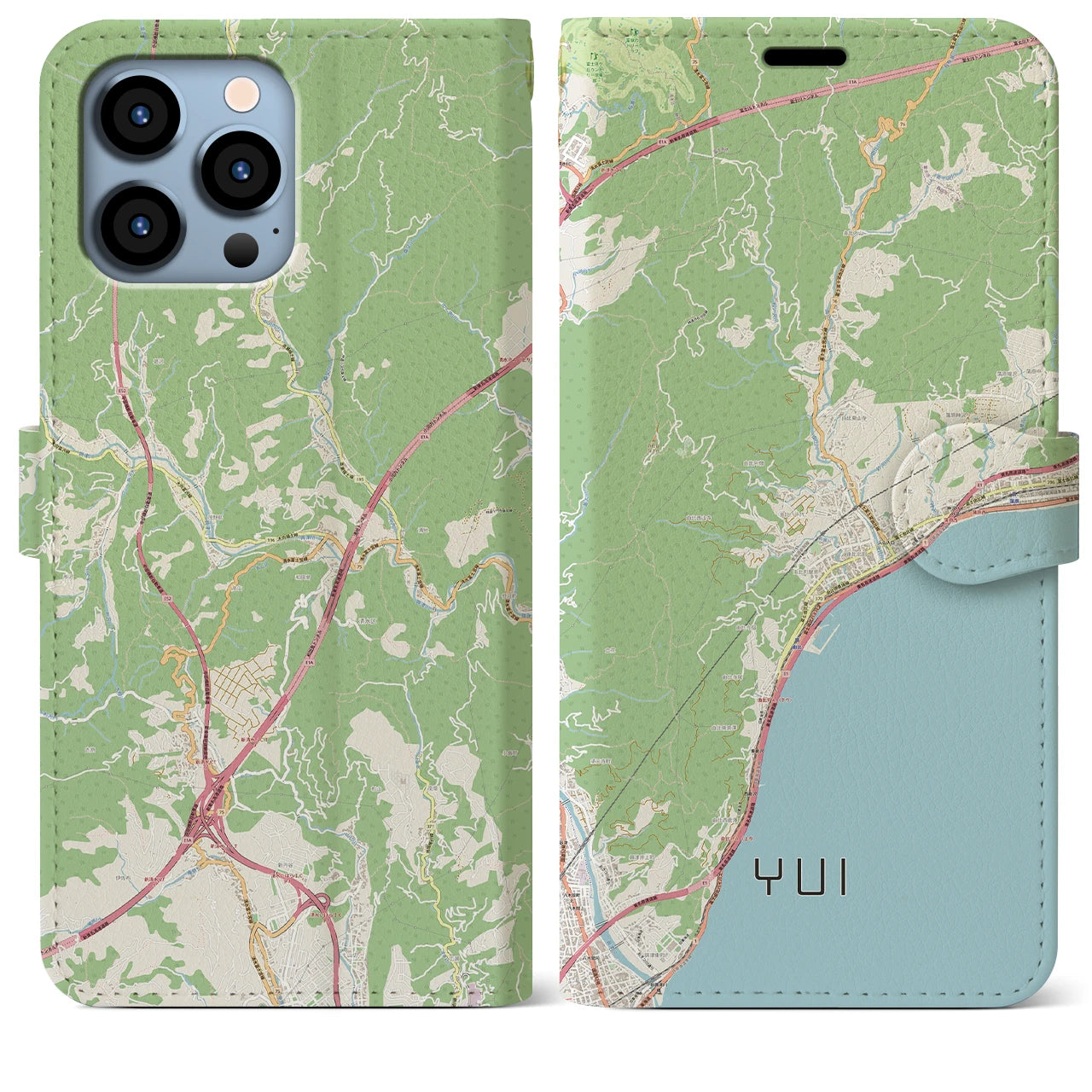 【由比（静岡県）】地図柄iPhoneケース（手帳タイプ）ナチュラル・iPhone 13 Pro Max 用