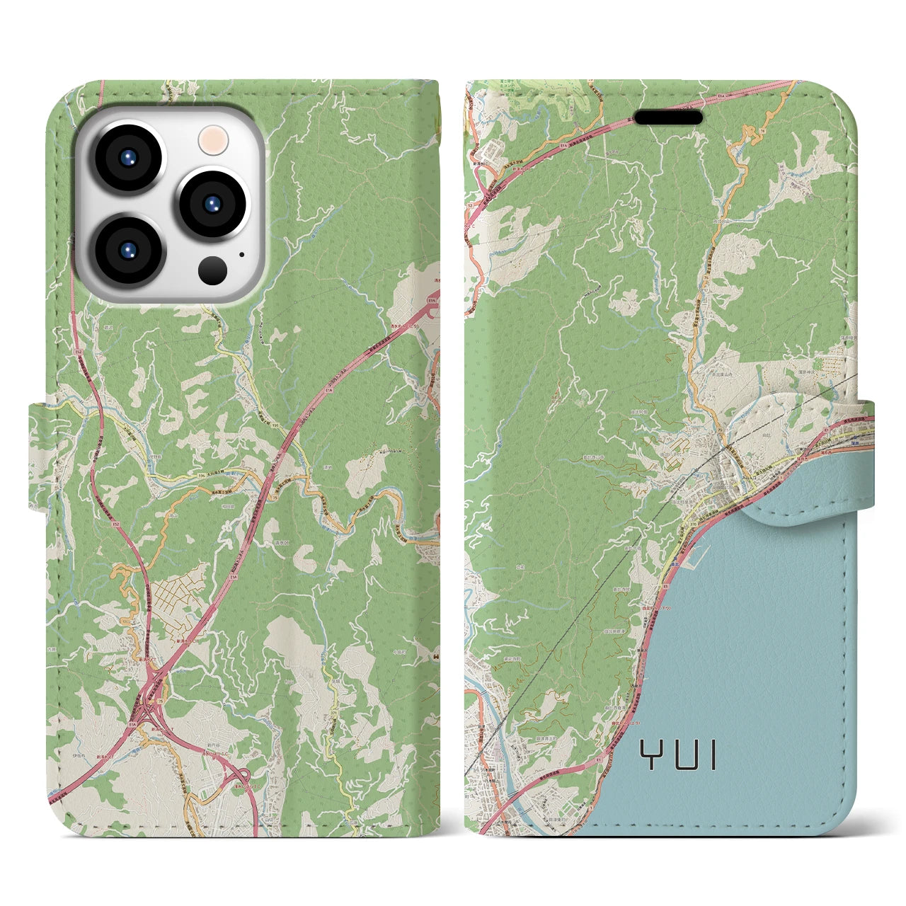 【由比（静岡県）】地図柄iPhoneケース（手帳タイプ）ナチュラル・iPhone 13 Pro 用