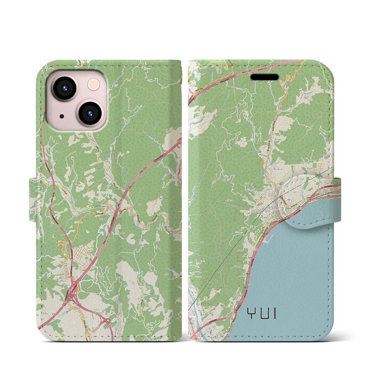 【由比（静岡県）】地図柄iPhoneケース（手帳タイプ）ナチュラル・iPhone 13 mini 用