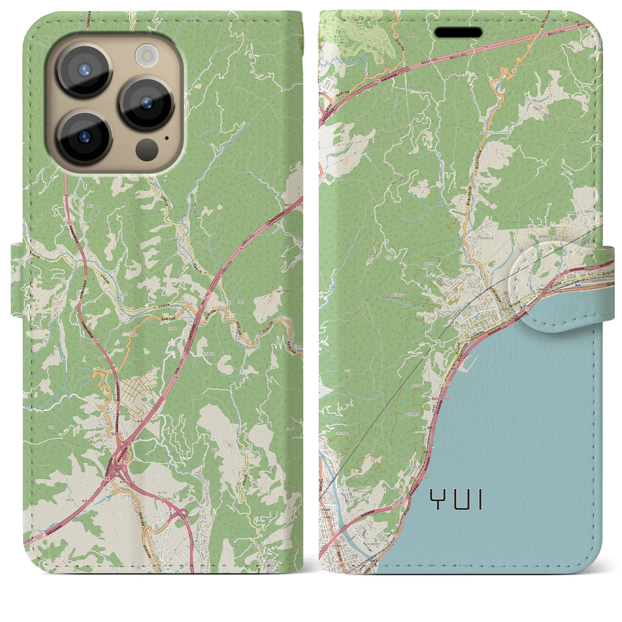 【由比（静岡県）】地図柄iPhoneケース（手帳タイプ）ナチュラル・iPhone 14 Pro Max 用