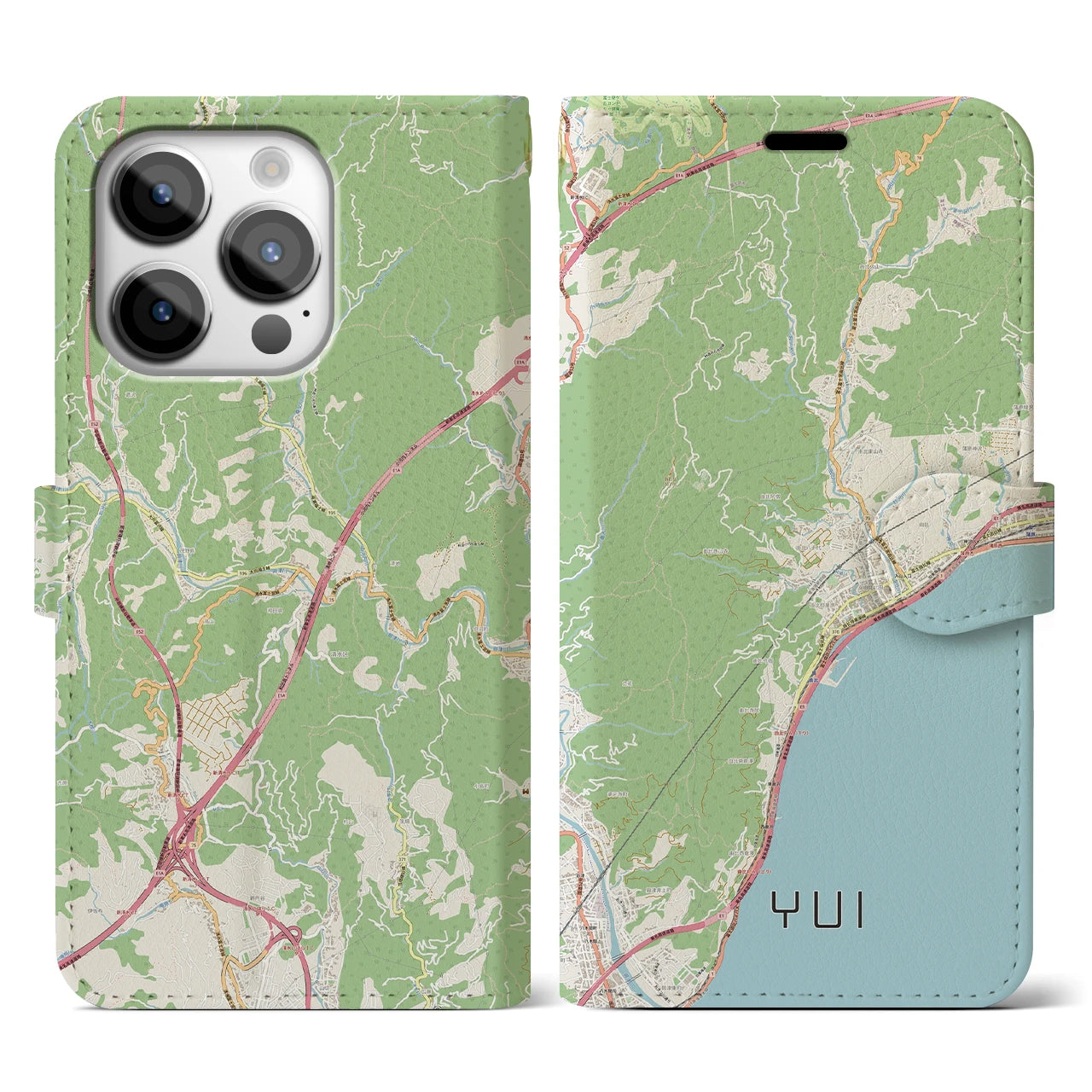 【由比（静岡県）】地図柄iPhoneケース（手帳タイプ）ナチュラル・iPhone 14 Pro 用