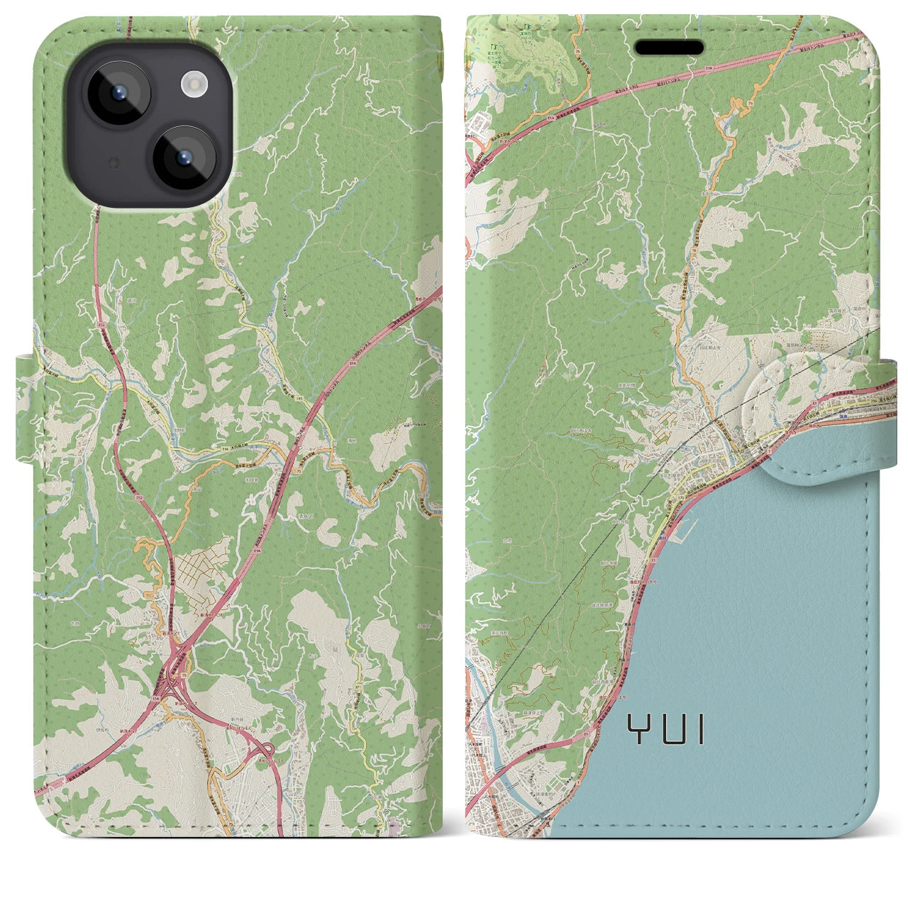 【由比（静岡県）】地図柄iPhoneケース（手帳タイプ）ナチュラル・iPhone 14 Plus 用