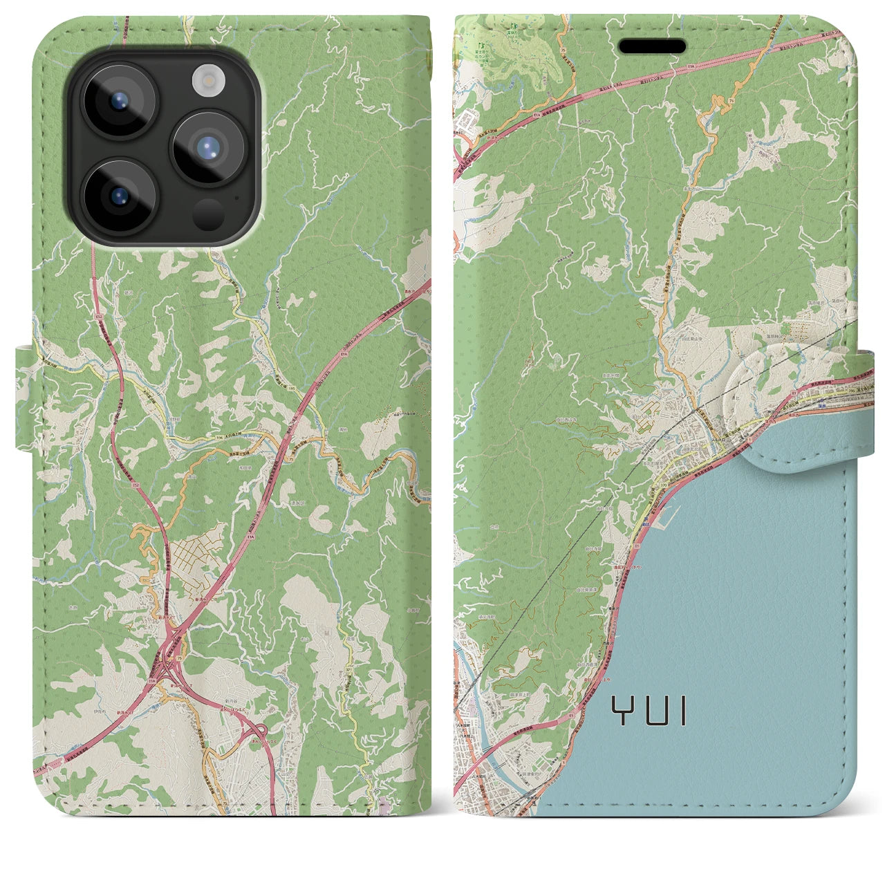 【由比（静岡県）】地図柄iPhoneケース（手帳タイプ）ナチュラル・iPhone 15 Pro Max 用