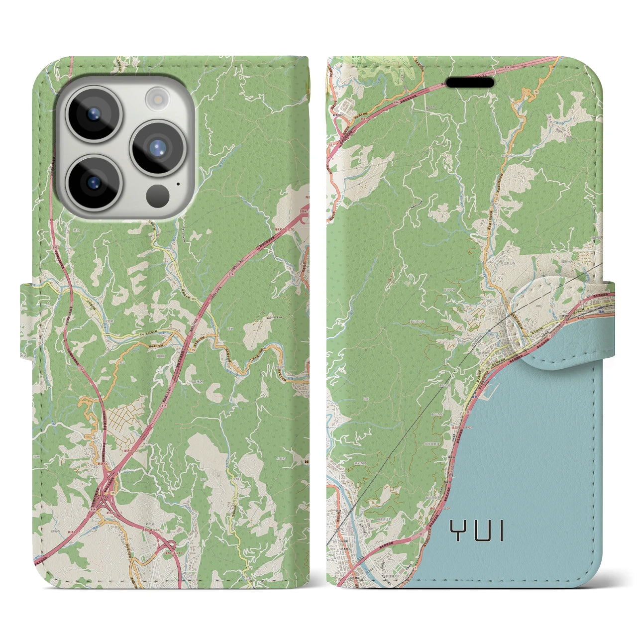 【由比（静岡県）】地図柄iPhoneケース（手帳タイプ）ナチュラル・iPhone 15 Pro 用