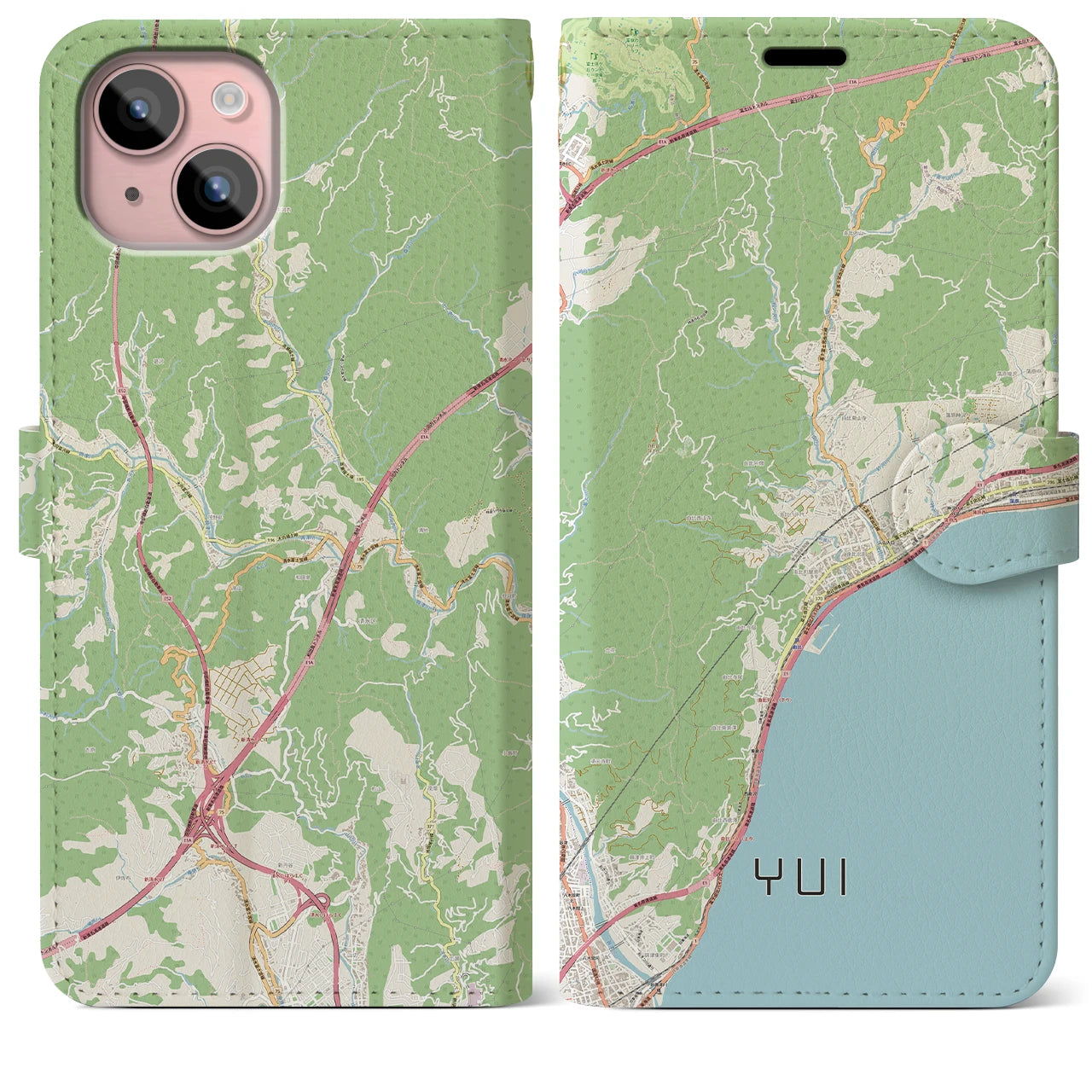 【由比（静岡県）】地図柄iPhoneケース（手帳タイプ）ナチュラル・iPhone 15 Plus 用