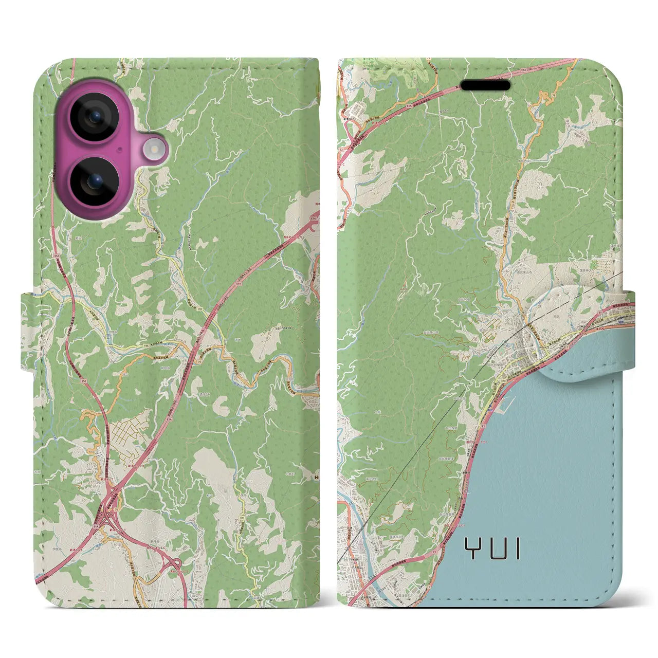 【由比（静岡県）】地図柄iPhoneケース（手帳タイプ）ナチュラル・iPhone 16 Pro 用