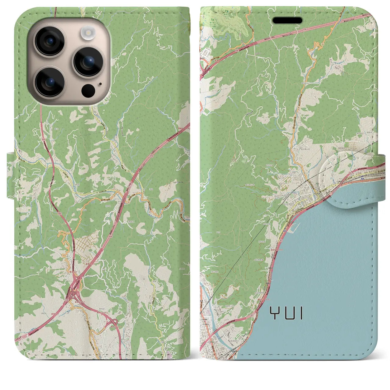 【由比（静岡県）】地図柄iPhoneケース（手帳タイプ）ナチュラル・iPhone 16 Plus 用