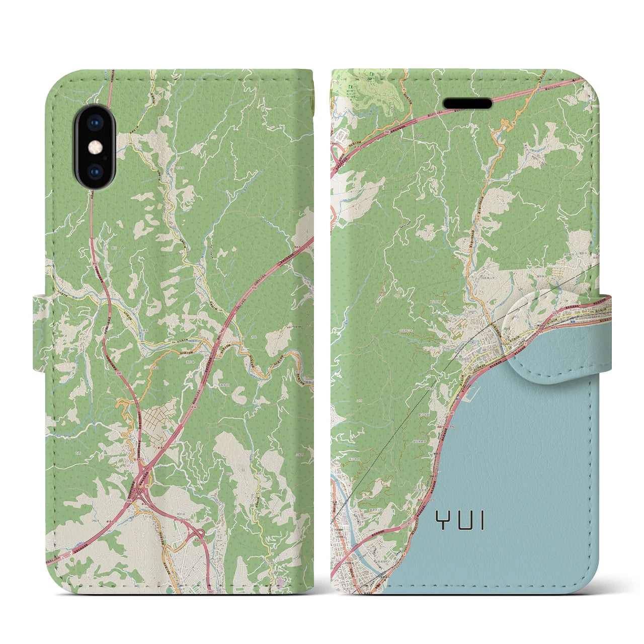 【由比（静岡県）】地図柄iPhoneケース（手帳タイプ）ナチュラル・iPhone XS / X 用