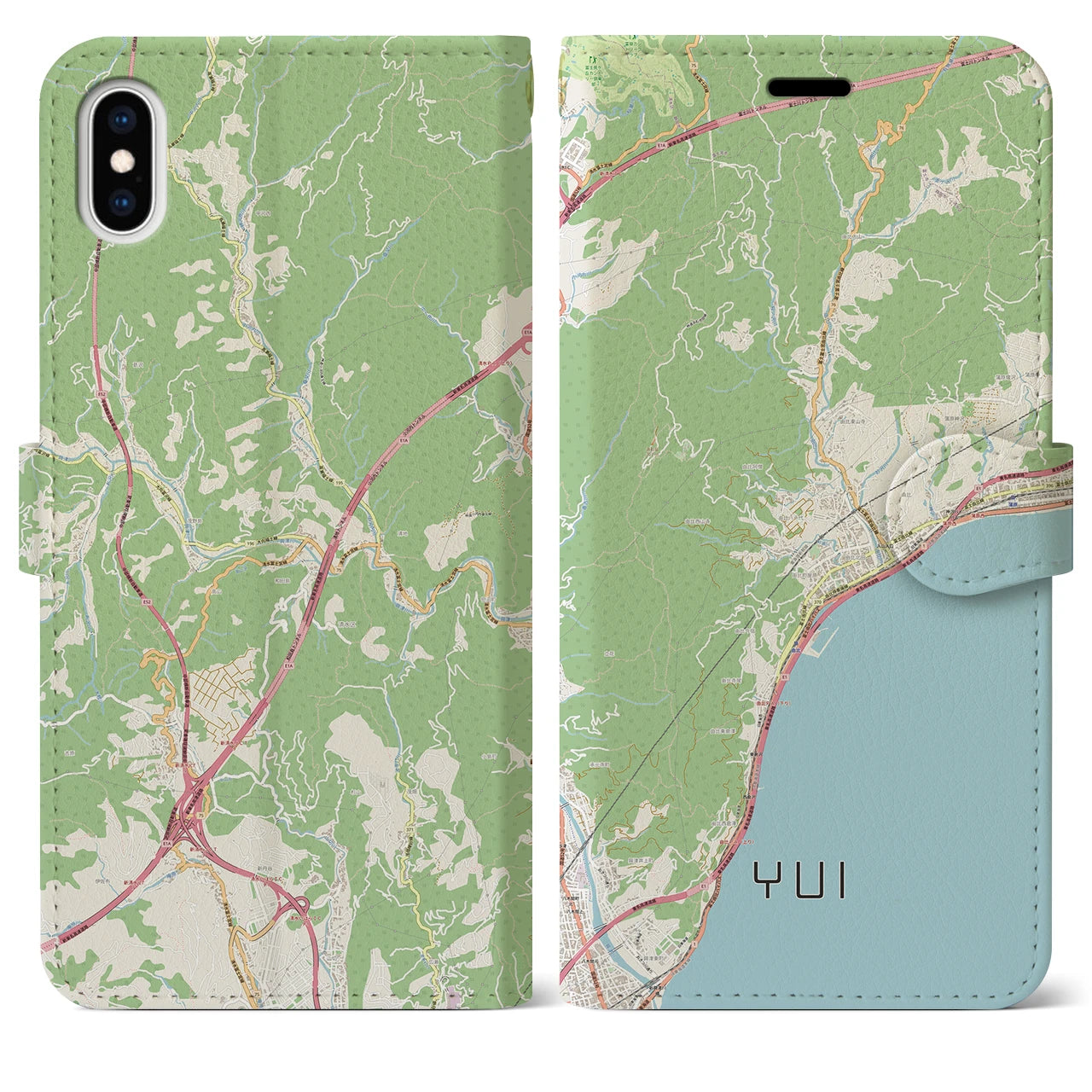 【由比（静岡県）】地図柄iPhoneケース（手帳タイプ）ナチュラル・iPhone XS Max 用