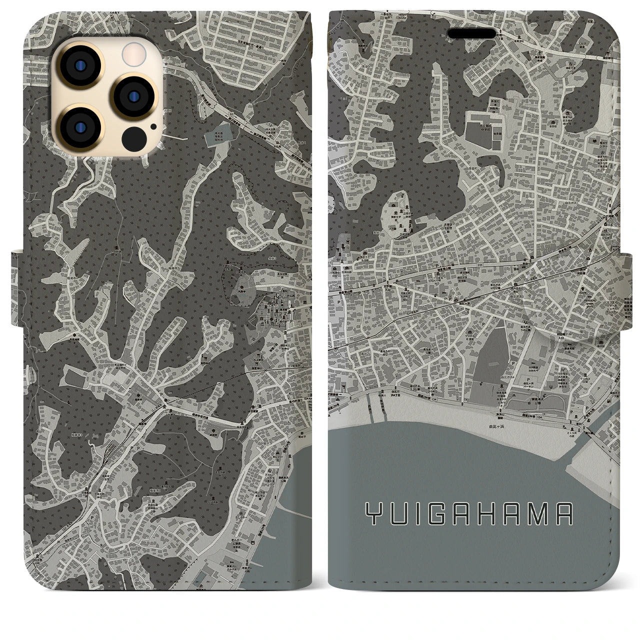 【由比ヶ浜】地図柄iPhoneケース（手帳両面タイプ・モノトーン）iPhone 12 Pro Max 用