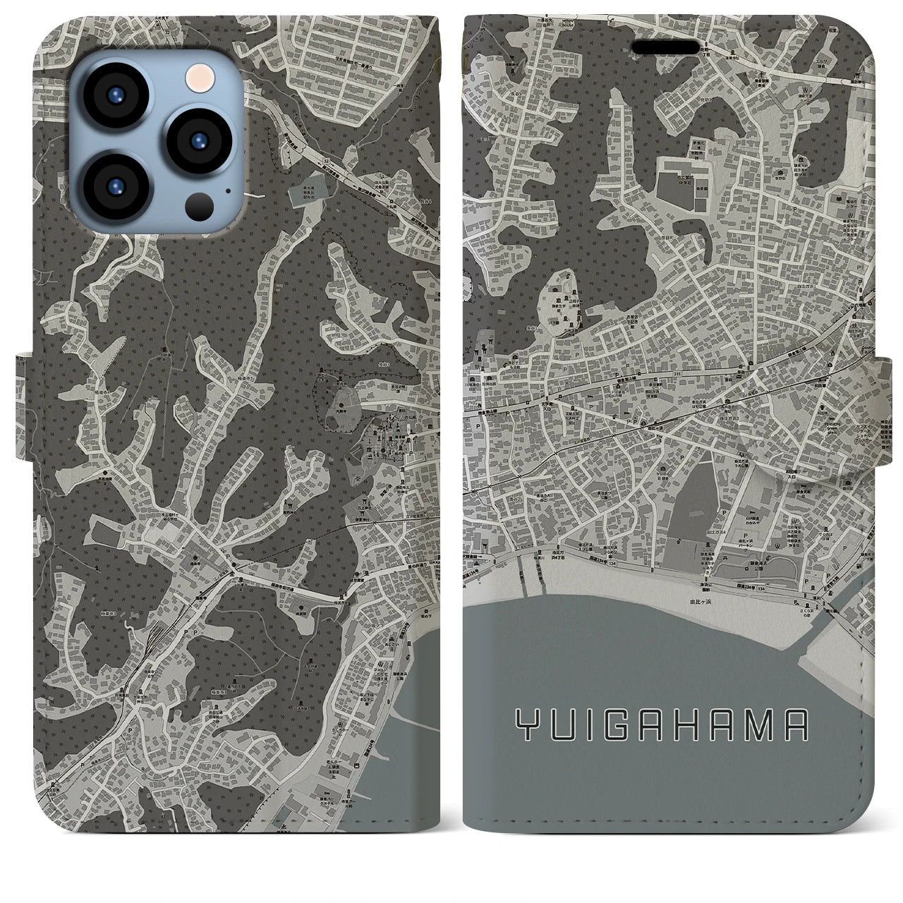 【由比ヶ浜】地図柄iPhoneケース（手帳両面タイプ・モノトーン）iPhone 13 Pro Max 用