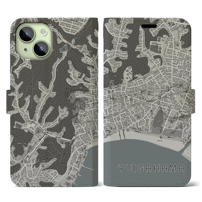 【由比ヶ浜（神奈川県）】地図柄iPhoneケース（手帳タイプ）モノトーン・iPhone 15 用