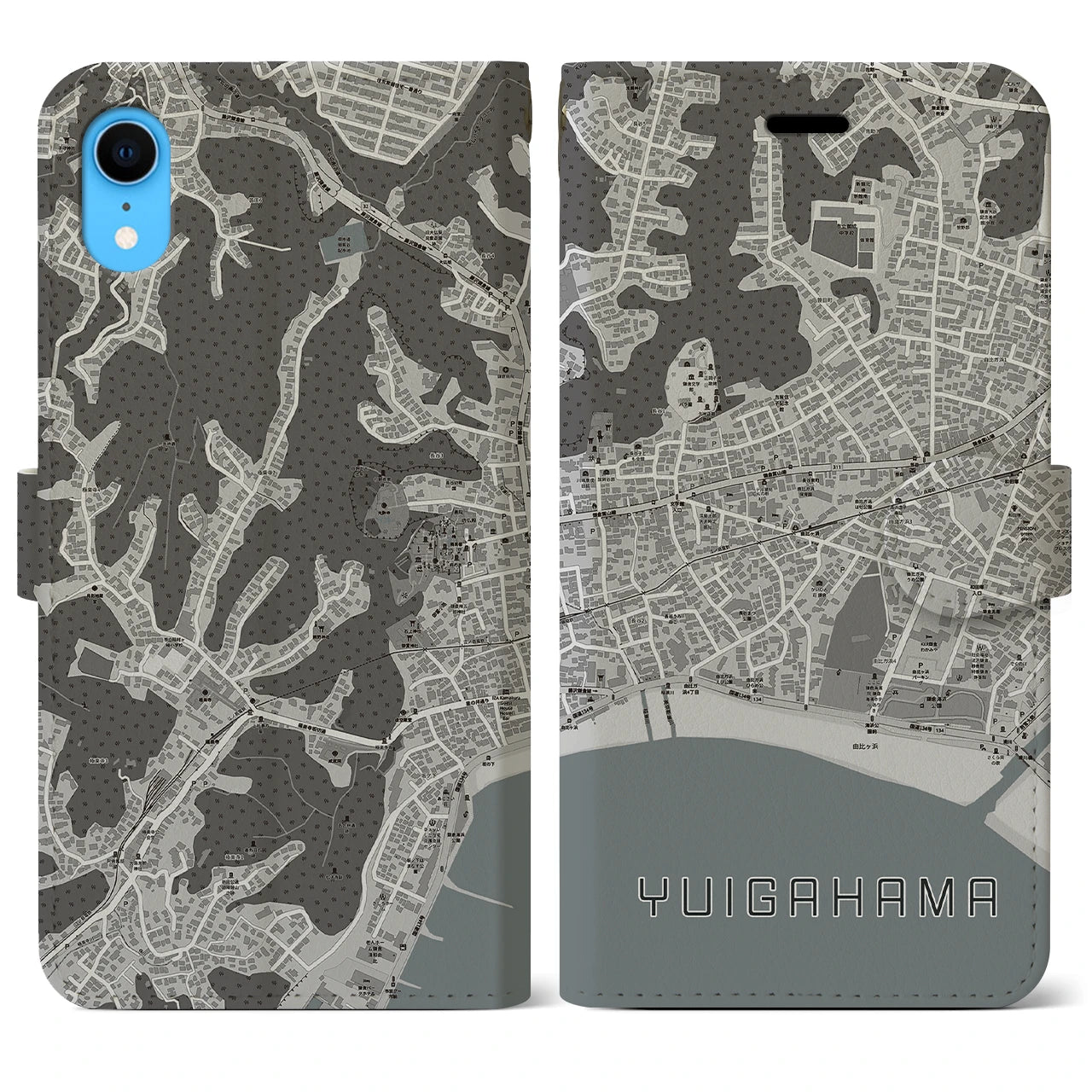 【由比ヶ浜】地図柄iPhoneケース（手帳両面タイプ・モノトーン）iPhone XR 用