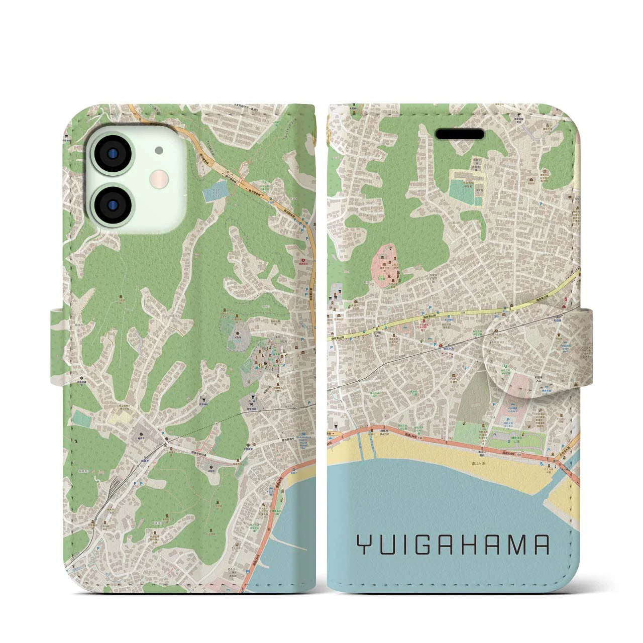 【由比ヶ浜（神奈川県）】地図柄iPhoneケース（手帳タイプ）ナチュラル・iPhone 12 mini 用