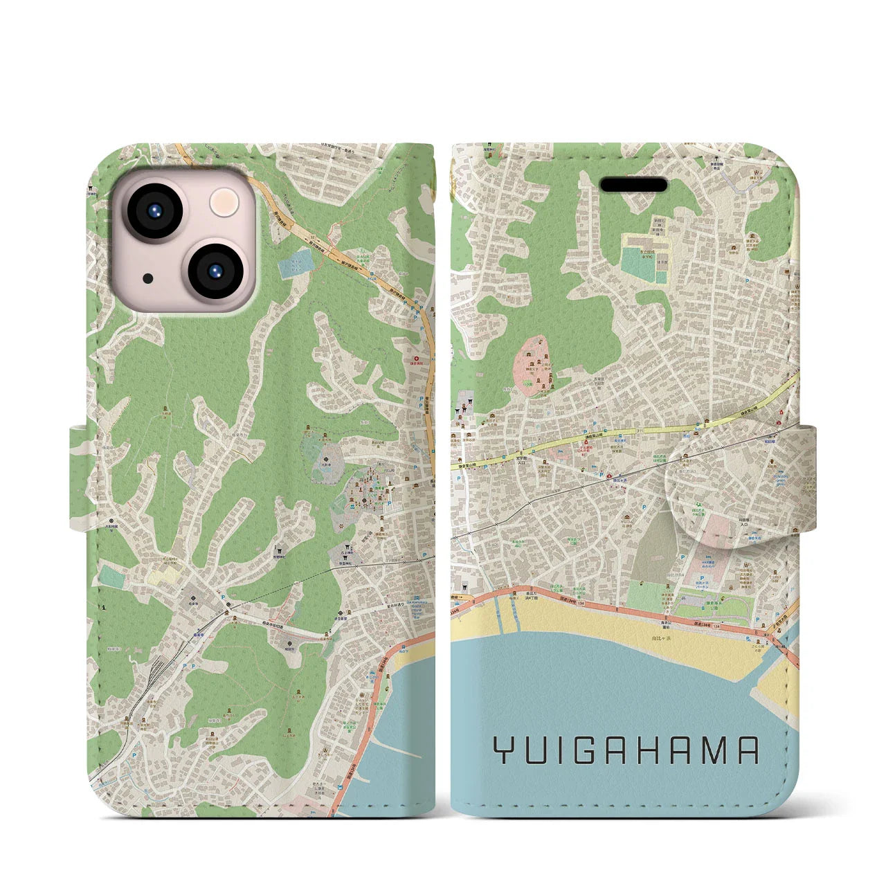 【由比ヶ浜（神奈川県）】地図柄iPhoneケース（手帳タイプ）ナチュラル・iPhone 13 mini 用