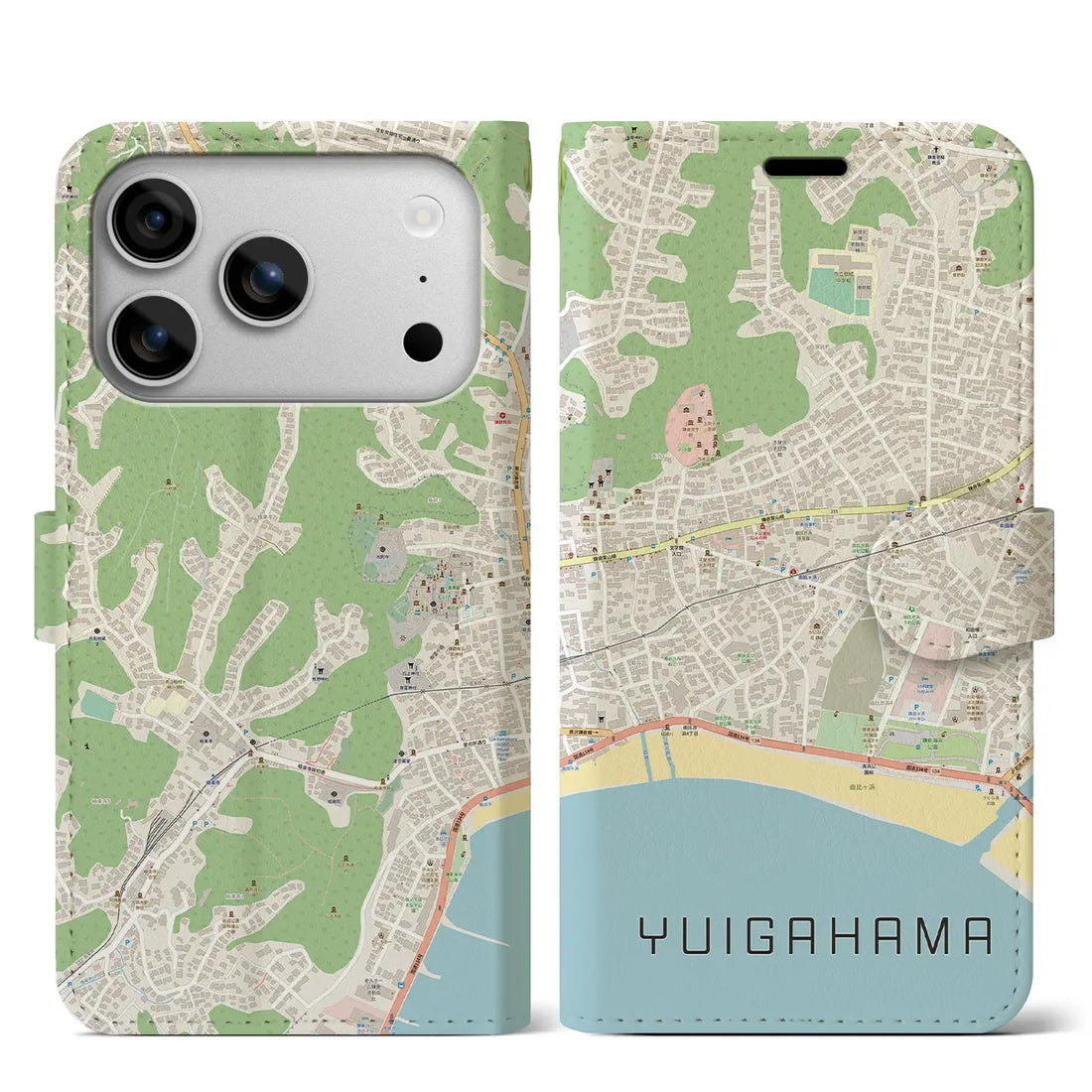 【由比ヶ浜（神奈川県）】地図柄iPhoneケース（手帳タイプ）モノトーン・iPhone 17 Pro Max 用