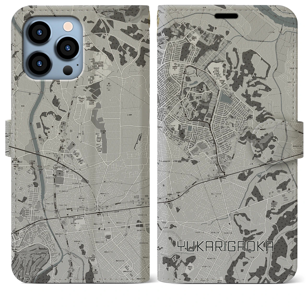 【ユーカリが丘】地図柄iPhoneケース（手帳両面タイプ・モノトーン）iPhone 13 Pro Max 用