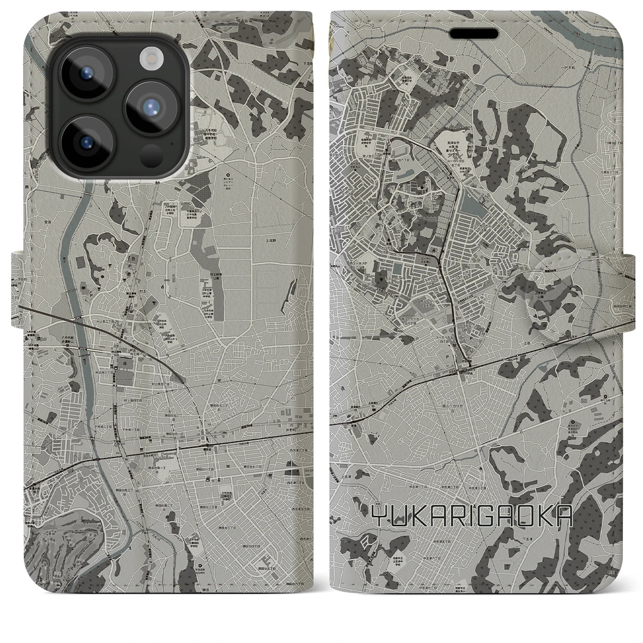 【ユーカリが丘】地図柄iPhoneケース（手帳両面タイプ・モノトーン）iPhone 15 Pro Max 用