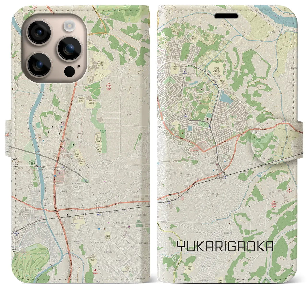 【ユーカリが丘（千葉県）】地図柄iPhoneケース（手帳タイプ）ナチュラル・iPhone 16 Plus 用