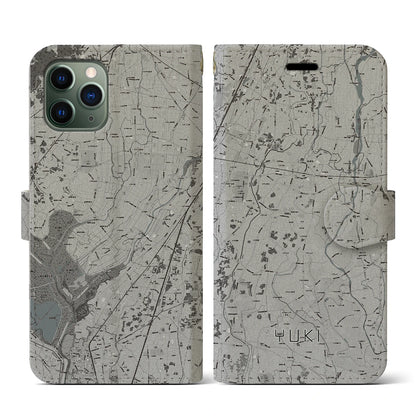 【結城（茨城県）】地図柄iPhoneケース（手帳タイプ）モノトーン・iPhone 11 Pro 用