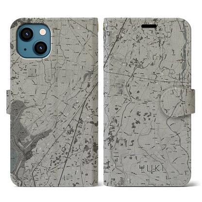 【結城（茨城県）】地図柄iPhoneケース（手帳タイプ）モノトーン・iPhone 13 用