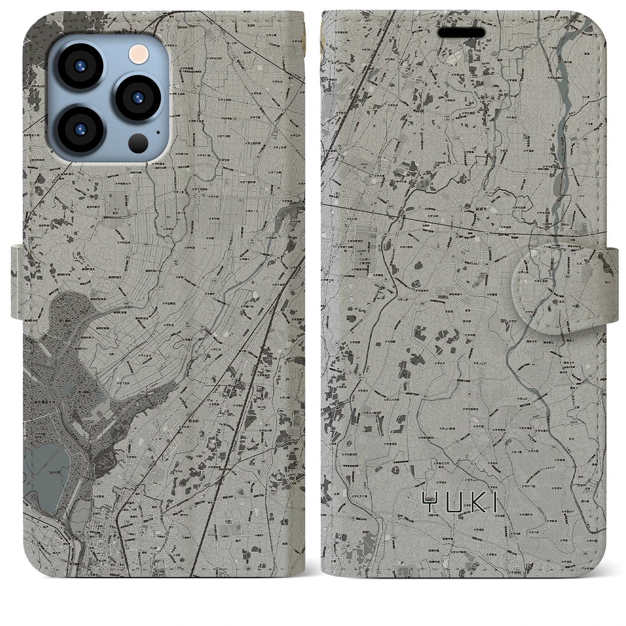 【結城】地図柄iPhoneケース（手帳両面タイプ・モノトーン）iPhone 13 Pro Max 用