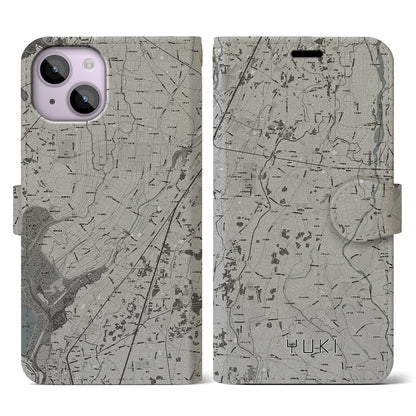 【結城（茨城県）】地図柄iPhoneケース（手帳タイプ）モノトーン・iPhone 14 用