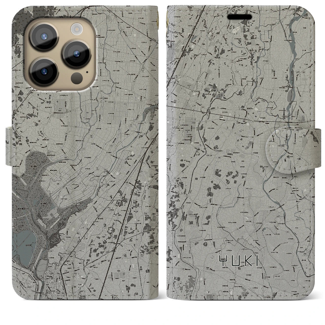 【結城】地図柄iPhoneケース（手帳両面タイプ・モノトーン）iPhone 14 Pro Max 用