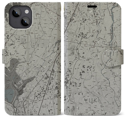 【結城（茨城県）】地図柄iPhoneケース（手帳タイプ）モノトーン・iPhone 14 Plus 用