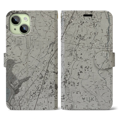 【結城（茨城県）】地図柄iPhoneケース（手帳タイプ）モノトーン・iPhone 15 用