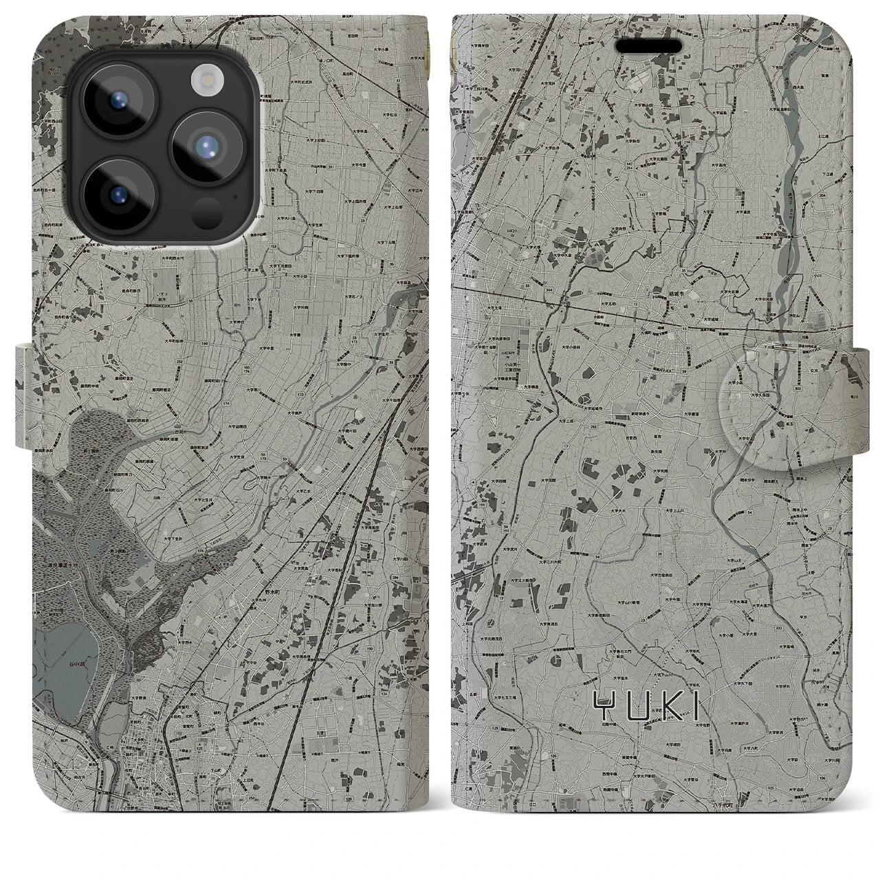 【結城】地図柄iPhoneケース（手帳両面タイプ・モノトーン）iPhone 15 Pro Max 用