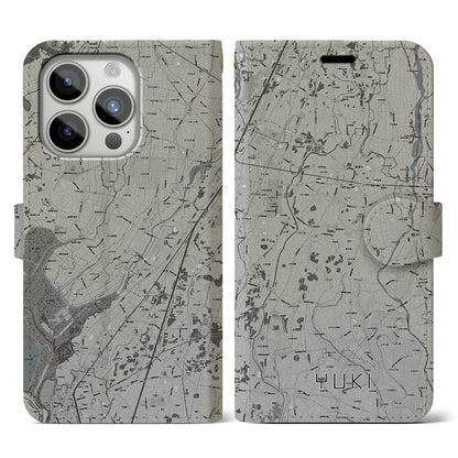 【結城（茨城県）】地図柄iPhoneケース（手帳タイプ）モノトーン・iPhone 15 Pro 用