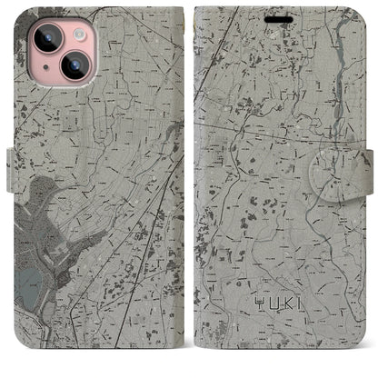 【結城（茨城県）】地図柄iPhoneケース（手帳タイプ）モノトーン・iPhone 15 Plus 用