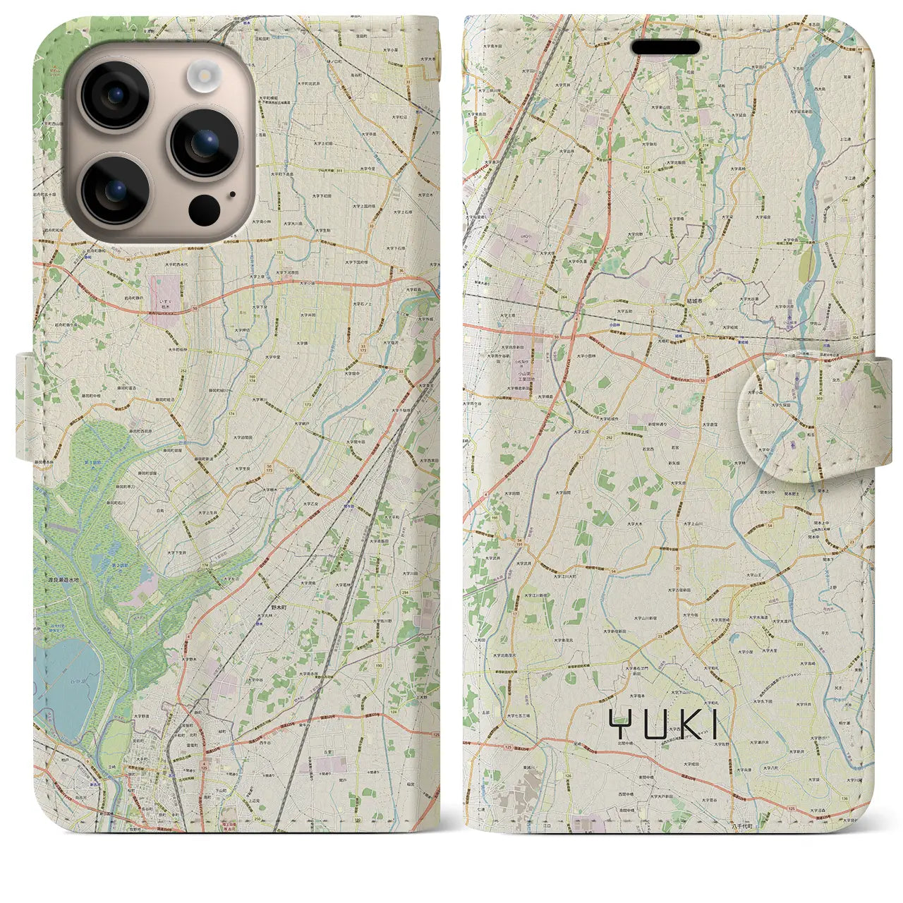 【結城（茨城県）】地図柄iPhoneケース（手帳タイプ）ナチュラル・iPhone 16 Plus 用