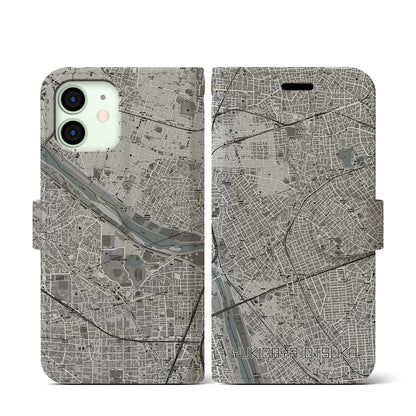 【雪が谷大塚（東京都）】地図柄iPhoneケース（手帳タイプ）モノトーン・iPhone 12 mini 用