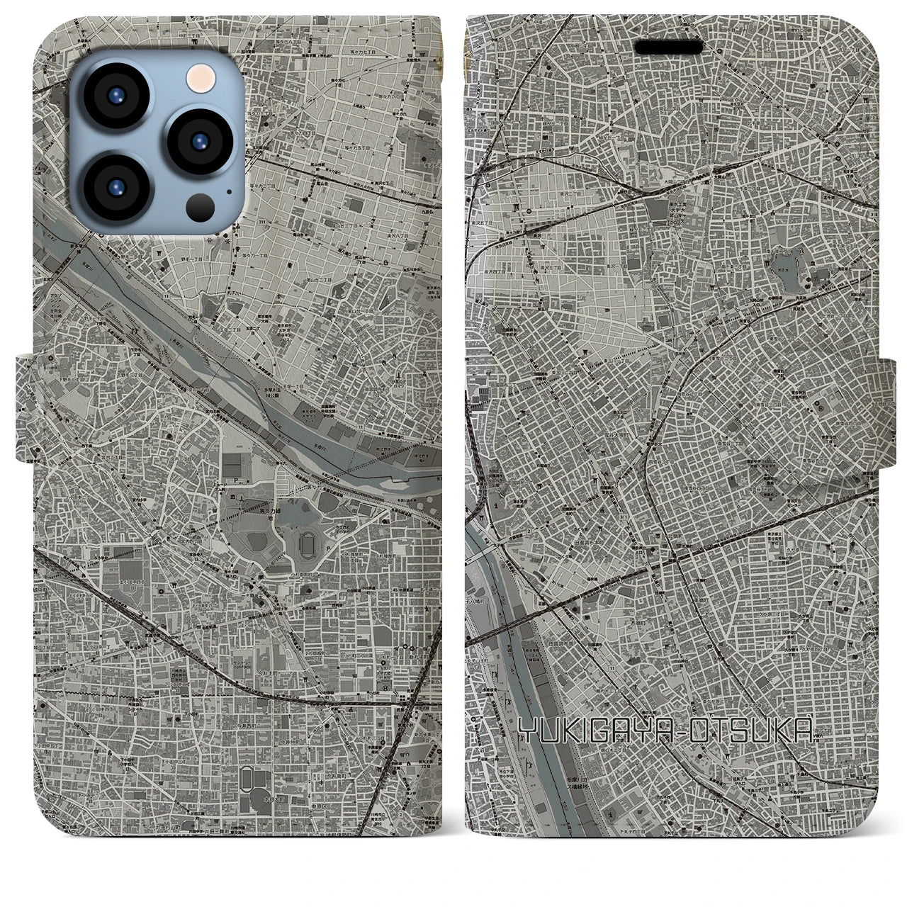 【雪が谷大塚】地図柄iPhoneケース（手帳両面タイプ・モノトーン）iPhone 13 Pro Max 用