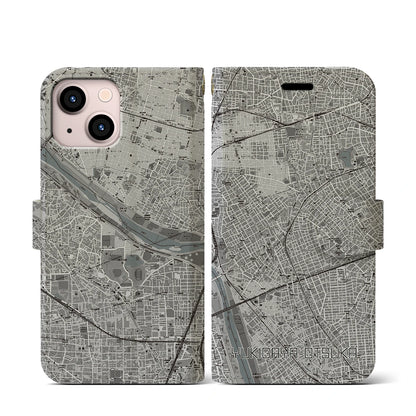 【雪が谷大塚（東京都）】地図柄iPhoneケース（手帳タイプ）モノトーン・iPhone 13 mini 用