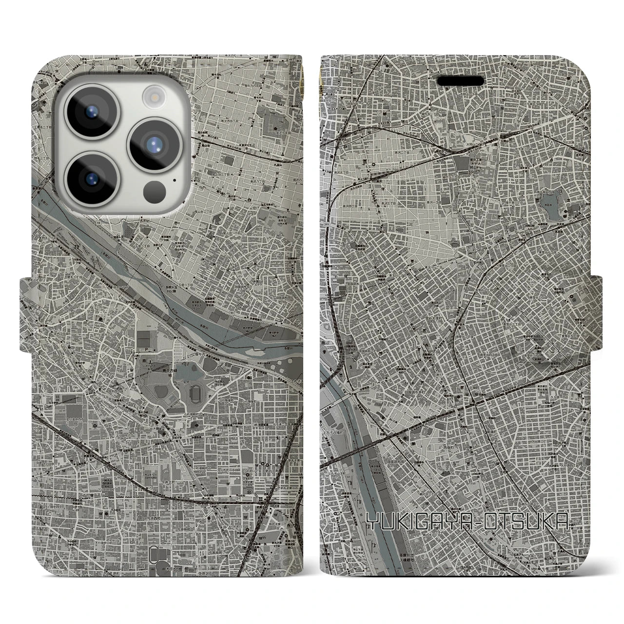 【雪が谷大塚】地図柄iPhoneケース（手帳両面タイプ・モノトーン）iPhone 15 Pro 用