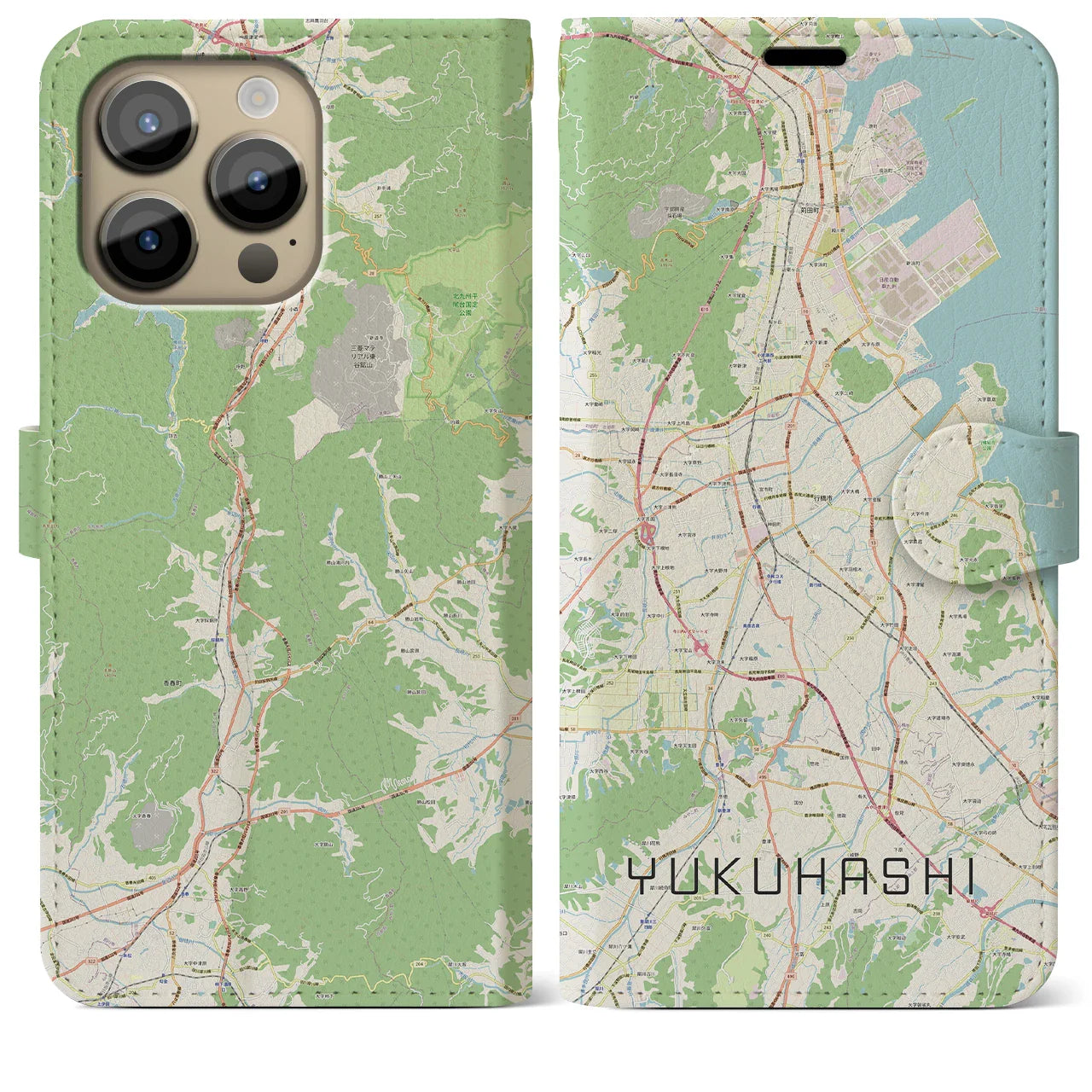 【行橋（福岡県）】地図柄iPhoneケース（手帳タイプ）ナチュラル・iPhone 14 Pro Max 用