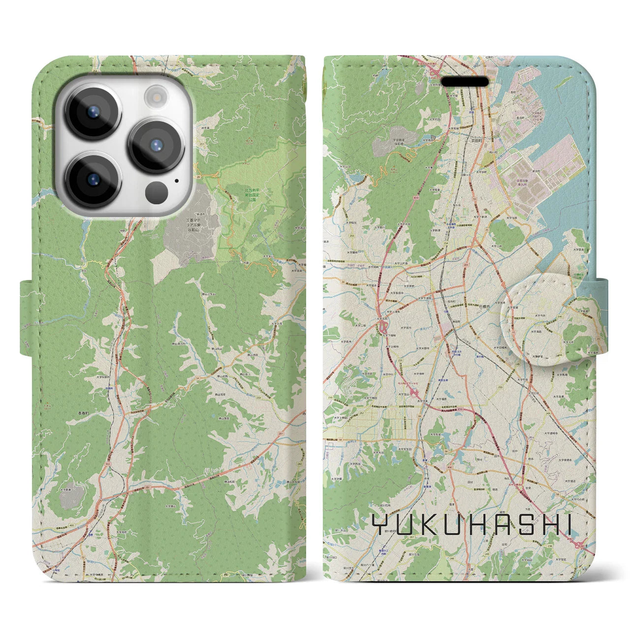 【行橋（福岡県）】地図柄iPhoneケース（手帳タイプ）ナチュラル・iPhone 14 Pro 用