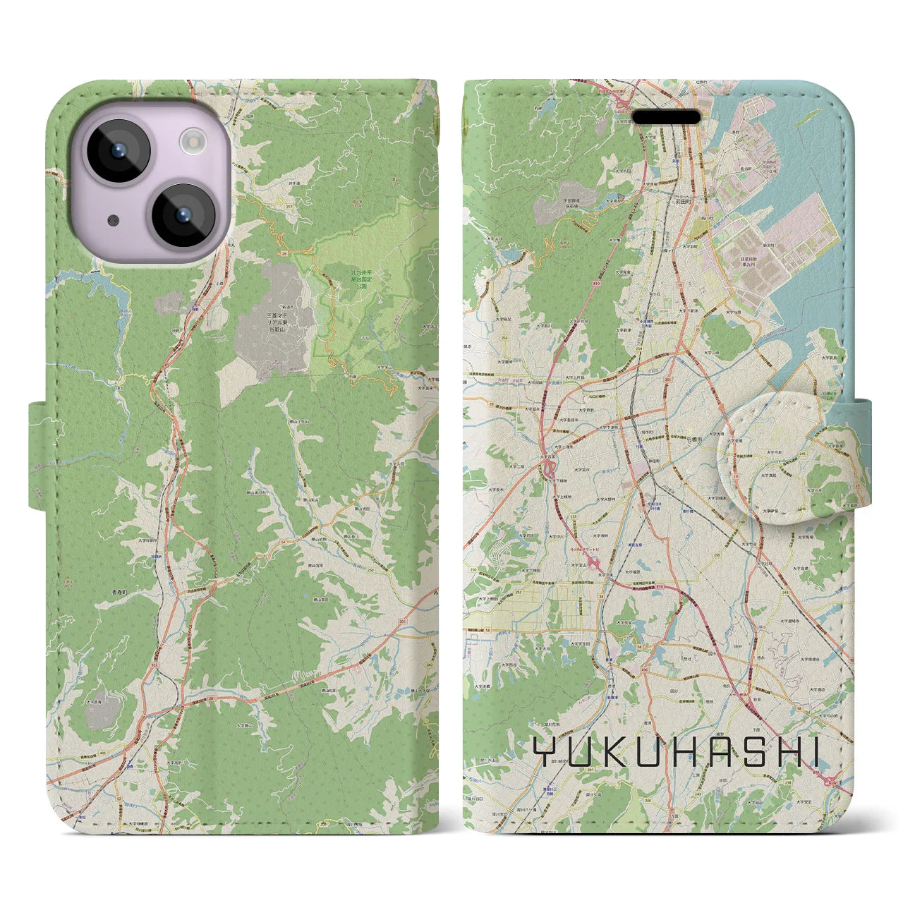 【行橋（福岡県）】地図柄iPhoneケース（手帳タイプ）ナチュラル・iPhone 14 用