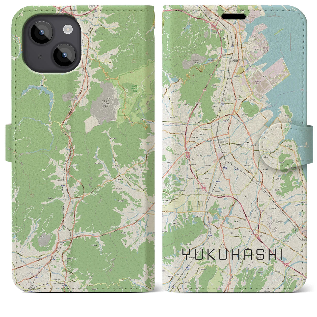 【行橋（福岡県）】地図柄iPhoneケース（手帳タイプ）ナチュラル・iPhone 14 Plus 用